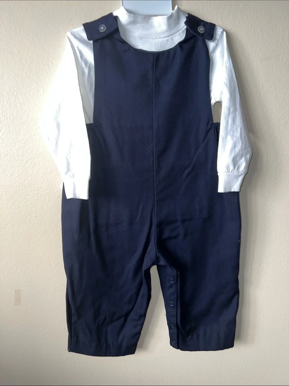 VTG 1990's Navy Hand Smocked Train Applique Baby Romper with White Shirt 18M